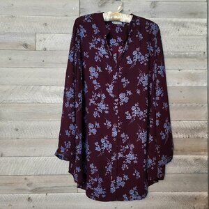 Joan Rivers top 18W women burgundy blue floral long sleeve button up.  Elegant